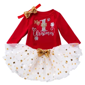 Baby Girl First Christmas Romper Set Dress Headbands Clothes Set Baby Santa Outfits Infant Christmas Clothing Red Rompers