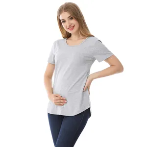 Maternity Shirt Summer Maternity T Shirt Short Sleeve Breastfeeding Clothes Invisible Zipper Openning Curve Hem Stretch Cotton US Size S-4XL