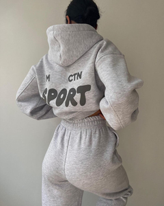 Completo Invernale da <span class=keywords><strong>Donna</strong></span>: Felpa con Cappuccio e <span class=keywords><strong>Pantaloni</strong></span> della <span class=keywords><strong>Tuta</strong></span>, Due Pezzi, Spalle Cadenti, Vestibilità Ampia, in Pile Pesante di Cotone con Stampa Serigrafica - Product Image 5