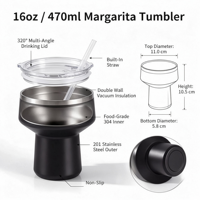 Gobelet à cocktail Margarita 16 oz, tasse en acier inoxydable à double paroi isolée sous vide avec paille et couvercle à vis, portable pour les voyages