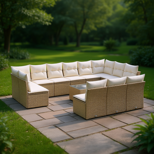 ชุดโซฟาหวายสีเบจสำหรับสวน เฟอร์นิเจอร์กลางแจ้งแบบโมดูลาร์ ดีไซน์ร่วมสมัย นั่งสบาย พร้อมเบาะโฟมความหนาแน่นสูง - Product Image 2
