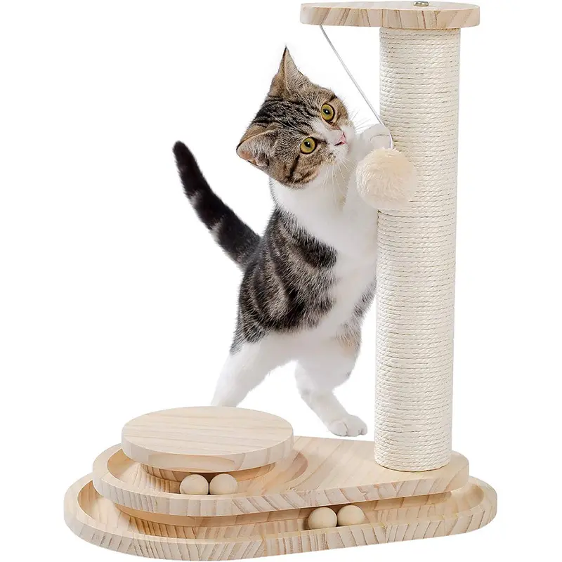 Cat Scratching Post Cat Scratcher Toy Wooden Two-Layer Cat Turntable with Interactive Balls and Dangling Ball