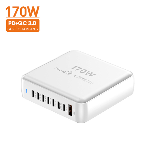 OEM 100W/170W GaN Smart Charger Fast USB Type C a LED Desktop Charger for iPhone Samsung EU Socket Standard 30W/45W Output Power