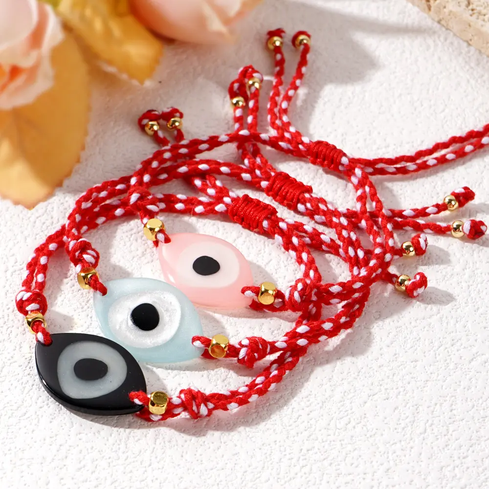 2024 New Hot Greek Red White Woven Bracelet Big Resin Eyes With Gold Beads Adjustable Bracelets Wholesale Vacation Gift