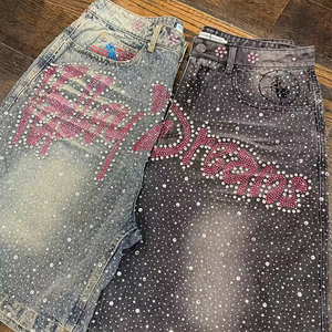 Produttore di abbigliamento personalizzato da <span class=keywords><strong>uomo</strong></span> <span class=keywords><strong>Jeans</strong></span> dritti Vintage con orlo retrò pantaloncini estivi in Denim sottaceto - Product Image 2