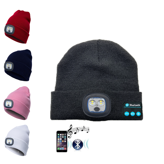 Rechargeable Winter Warm Knit Lighted Cuffed Headlight Headlamp Winter Sports Warm Bluetooth 5.0 Wireless Headphone Music Hat