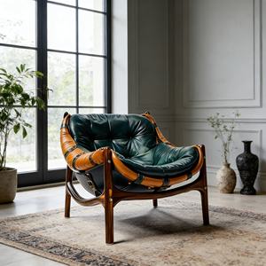 Sillón de Salón de Mediados de Siglo, Sillón de Cuero Marrón, Sillón Reclinable de Relajación, Sofá Individual para Sala de Estar, Sillón Vintage con Brazos de Madera - Product Image 2