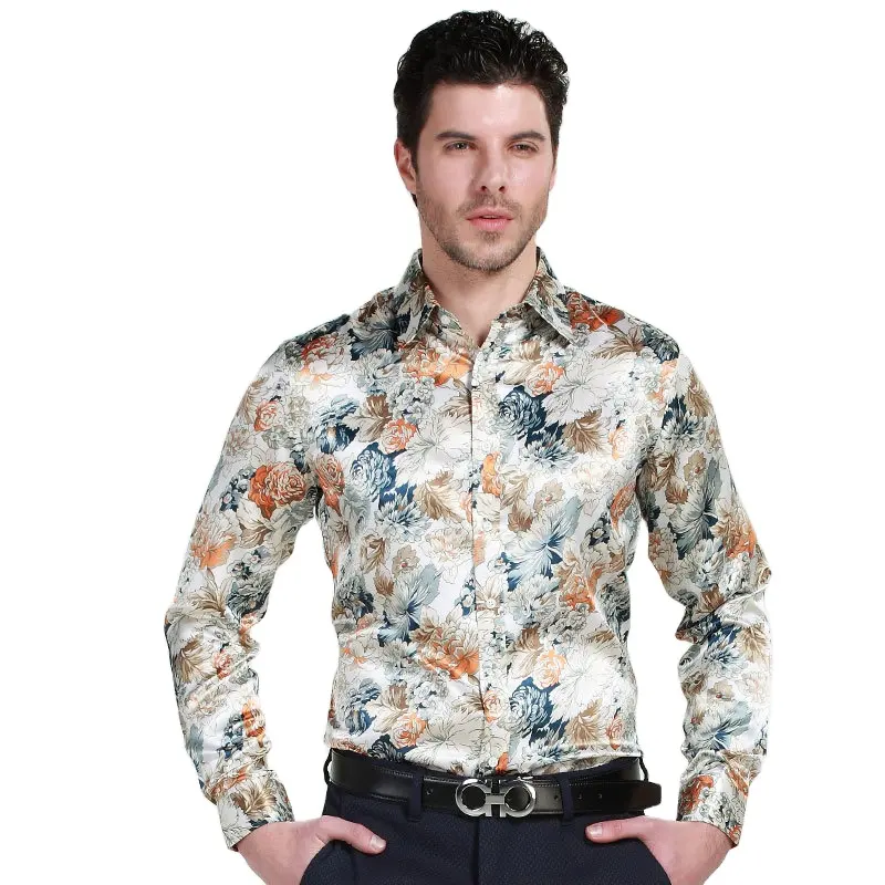 fohemr Camisa de Manga Larga para Hombre Estampado Floral Casual con Botones Camisa Retro Flores Estilo 100% algodón 