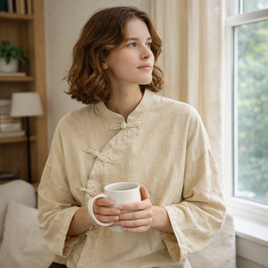 <span class=keywords><strong>Camicia</strong></span> Tradizionale Cinese Personalizzata da Donna in Misto <span class=keywords><strong>Lino</strong></span> e Cotone <span class=keywords><strong>Beige</strong></span> con Colletto alla Coreana, Abbottonatura Diagonale e Bottoni a Rana, Vestibilità Ampia - Product Image 3