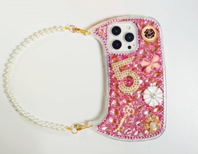 Luxury Bling Glitter Rhinestone Diamond Women Handbag Phone Case for Iphones 15 Pro Max TPU Cover With Pearl Bracelet Chain