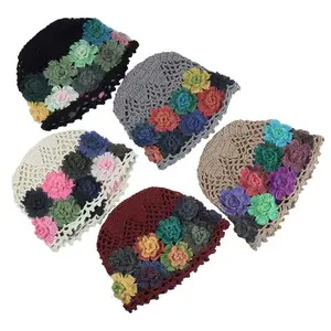 Moda Handmade Knit Big Flower Chapéus Mulheres Beanie Crochet Net Mesh Rasta Hat