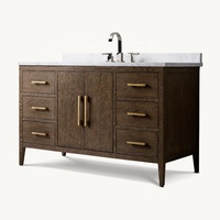 Lavabo en céramique simple personnalisé Meuble-lavabo de salle de bain en bois massif de chêne brun Comptoir de quartz et dosseret avec poignée en bronze satiné