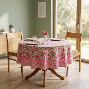 Hand Block Printed <b>Round</b> Cotton <b>Tablecloth</b> Floral Pattern 45 Inch Washable Classic Home Use - Product Image 3