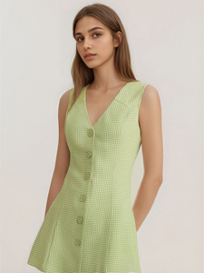 Abito lungo estivo in maglia a scollo a V senza maniche, fantasia scozzese, con lacci, vestito maxi/mini da donna - Product Image 6