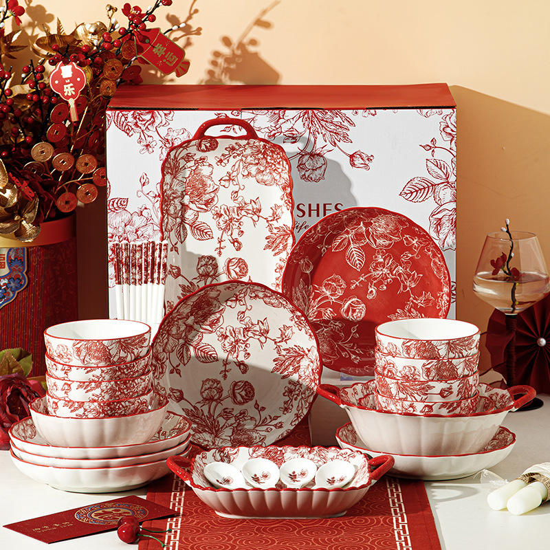 Elegant Red Dishware Red Floral Ceramic Dinnerware Set For