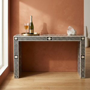 Mesa Consola Rectangular Bohemia con Incrustaciones de Resina de Madera, Diseño de Hojas en Blanco y Negro, Decoración para Entrada Interior, Mueble Hecho a Mano, Decoración para el Hogar - Product Image 1