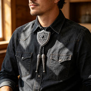 Cravate Bolo Western Vintage pour Homme, Pendentif Bouclier, Pierre Noire, Motif Étoile, Cordon en Cuir Tressé, Accessoire Décontracté pour Chemise - Product Image 5