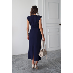 Elegante Vestido Azul Marino con Cuello en V y Detalles de Fruncido Lateral, Largo Midi, Talla S - Product Image 1