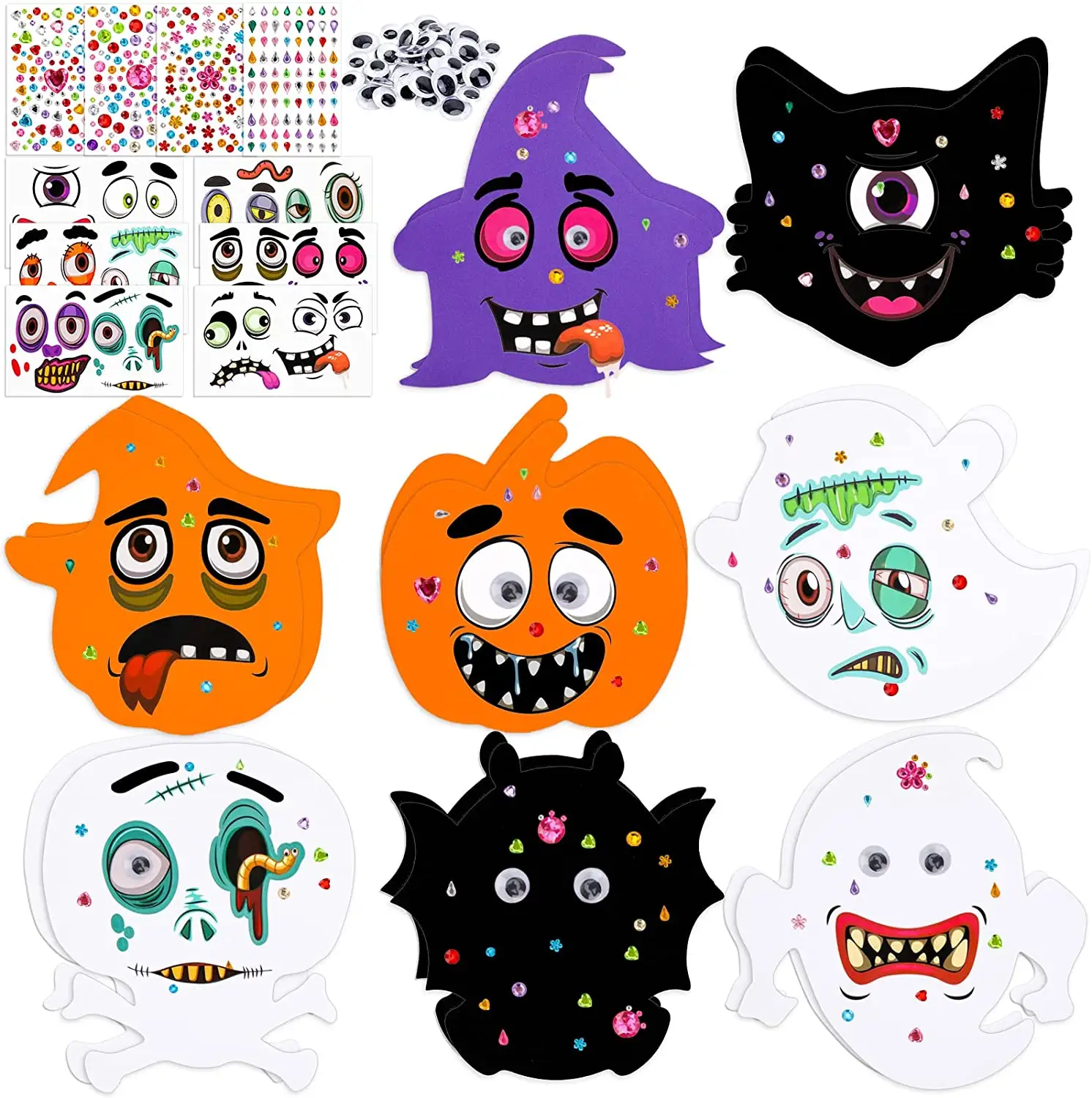 Pumpkin Ghost Bat Cat Witches Halloween Foam DIY Painting Crafts Kit for Kids with Face Stickers and Wiggle Eyes Diamond