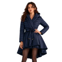 Manteau d'hiver matelassé à capuche bleu marine pour femme, coupe ajustée avec ceinture à la taille et jupe évasée, idéal pour les soirées