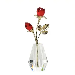 Crystal Rose Crafts Collectible Double Roses Flowers Bouquets Ornament Silver Or Gold Stem With Crystal Vase Decor For Home