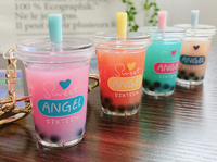 Porte-clés mignon en acrylique en forme de mini tasse de bubble tea, avec perle flottante et rempli d'huile, pendentif sac de thé au lait Sweet Angel
