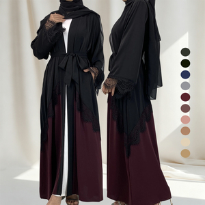 Abaya ouverte prête à l'emploi, noire et bordeaux, avec manches en dentelle patchwork, robe longue musulmane ceinturée, kimono islamique avec poches (1509) - Product Image 1