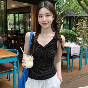 Top de Tirantes con Estampado de Lunares y Lazo, Estilo Dulce de Verano, con Volantes, Ajustado, Informal y Bonito para Mujer - Product Image 1