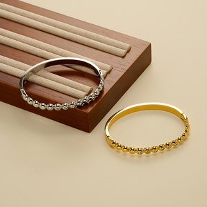 Hot Sale 18K Gold Plated Stainless Steel Jewelry Semi-Glossy Half <strong>Bead</strong> Zircon Cuff Bangles Waterproof for Women <strong>Bracelet</strong> B252583 - Product Image 3