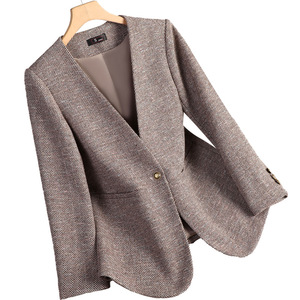 Women's Grey <b>Herringbone</b> Wool Blazer <b>Jacket</b> Autumn Winter Casual Thickened Anti Shrink Pocket Design - Product Image 5