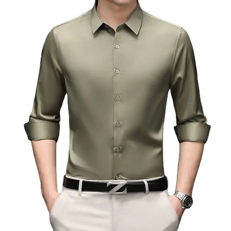 Camisa masculina de cetim lisa, roupa masculina elegante de moda pura e verde para homens, camisa de seda e casamento