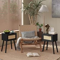 Table de chevet noire avec tiroir et pieds en bois massif, table de chevet en rotin pour chambre à coucher, salon, table d'appoint pour canapé