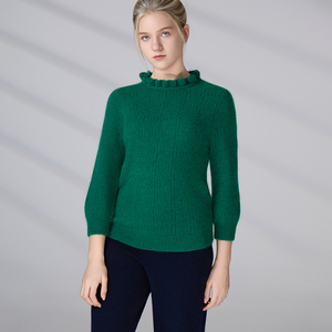 Pull en maille à manches bouffantes personnalisé, léger, style vintage européen, col à volants, en mohair, pour femme, tenue quotidienne - Product Image 1