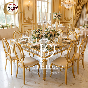 European Style Rectangular <b>Mirrored</b> Dining <b>Table</b> With Gold Frame And Tempered Glass Top For Home Dining Room Furniture - Product Image 2
