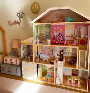 מכירה חמה בית בובות מעץ לילדים בנות, מתנת צעצוע לגיל 3 4 5 6, בית נסיכות יפה עם מיני ריהוט ריאליסטי