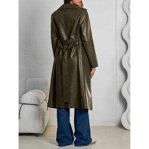 FOXA Manteau long en similicuir pour femme, coupe trench, ouvert sur le devant, coupe-vent, décontracté, pour l'automne - Product Image 4