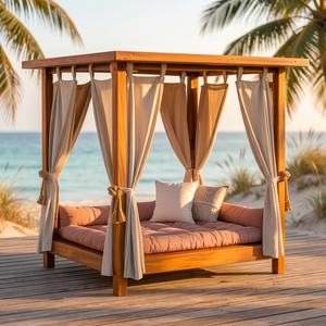 Teak Wood Scandinavian Cabana Daybed with Curtains Foam <b>Cushions</b> Outdoor Sun Lounger for Hotel & Villa Use - Product Image 3