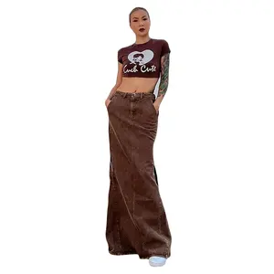 Spring And Summer Brown Pocket Decoration Women's Wrap Around Long Skirts