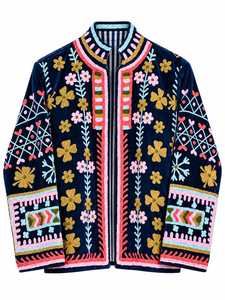 Navy Blue <b>Velvet</b> Embroidered Bomber <b>Jacket</b> <b>Women</b> Solid Pattern Long Sleeve V-neck Winter Breathable Quick Dry Thick Outerwear - Product Image 5