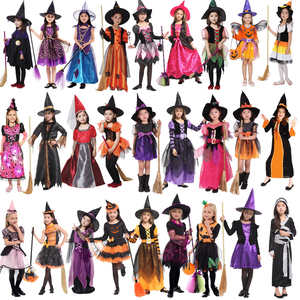 Nouvelle arrivée, robe de sorcière pour enfants pour fête d'<span class=keywords><strong>Halloween</strong></span>, costume coloré inspiré de films et de séries télévisées avec chapeau, ensemble de costume de cosplay en polyester - Product Image 1
