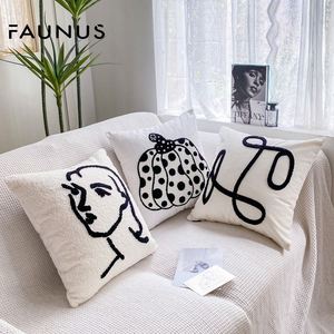 หมอนรองนั่งโซฟาปักลายศิลปะสีครีมสีขาวและสีดำเรียบง่าย - Product Image 2