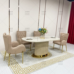 Elegante Set Tavolo da Pranzo Rettangolare Minimalista con Piano in Marmo Lucido e Base Dorata Convertibile - Product Image 3