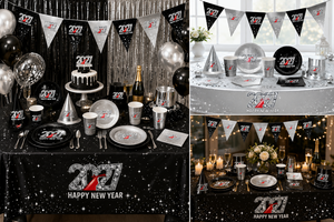 Fournitures pour fête du Nouvel <span class=keywords><strong>An</strong></span> 2027, ensemble de vaisselle jetable noir et argent, assiettes, gobelets, serviettes, décorations pour la fête du réveillon du Nouvel <span class=keywords><strong>An</strong></span> - Product Image 5
