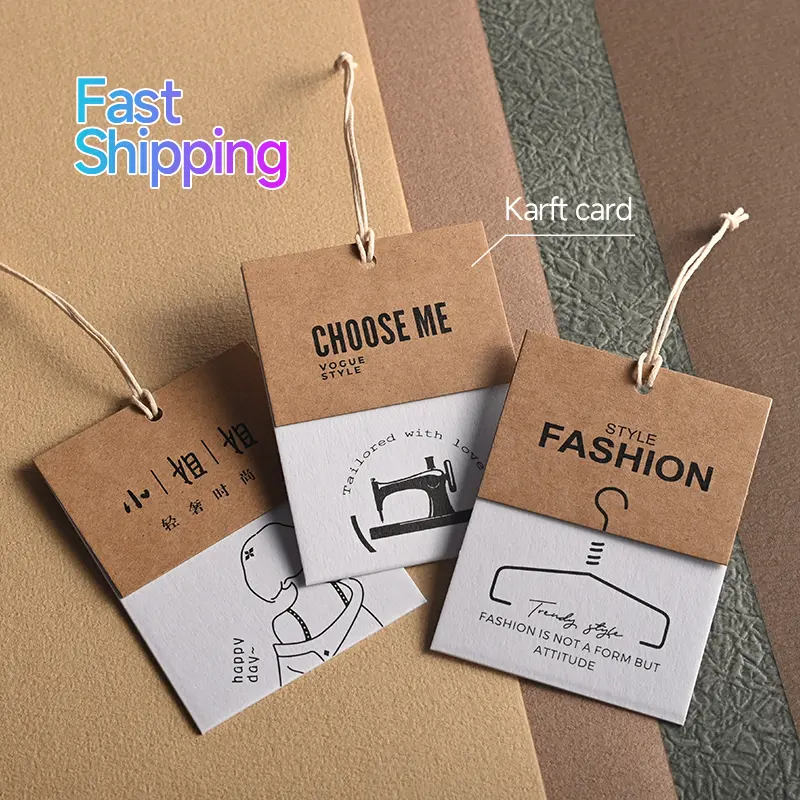 Etiquetas de papel kraft para ropa, etiqueta colgante blanca con cordón, Logo propio