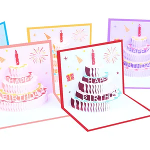بطاقة عيد ميلاد سعيد ثلاثية الأبعاد, بطاقة عيد ميلاد سعيد مصنوعة يدويًا الملونة لطيف كعكة المنبثقة بطاقات المعايدة للأطفال هدية