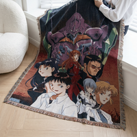 Couverture Jacquard Tissée Personnalisée Motif Anime 130x160cm en Polyester Coton avec Bordure à Pompons, Housse de Canapé Quatre Saisons, Jeté de Lit, Tapisserie