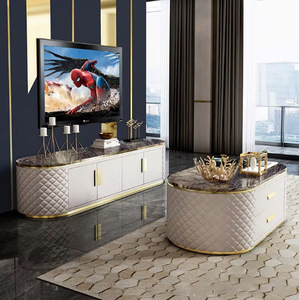 Ensemble <span class=keywords><strong>table</strong></span> TV postmoderne avec dessus en marbre pour hôtel, design italien, <span class=keywords><strong>table</strong></span> basse haute brillance et meuble TV en cuir pour le salon - Product Image 1