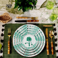 Ensemble d'assiettes en céramique feuille verte artisanale motifs tropicaux peints à la main pour décor de table de mariage magique