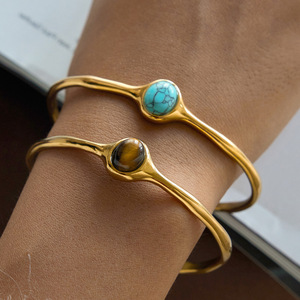 Brazalete Abierto de Ojo de Tigre Chapado en Oro, Joyería Unisex, Regalo, Engaste Ovalado, Origen Yiwu - Product Image 3