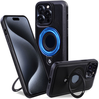 Étui de protection en cuir de style professionnel pour iPhone 15 Pro Max avec support de charge sans fil et anneau de maintien mains libres